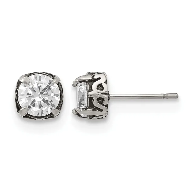 A pair of silver stud earrings with round clear cubic zirconia stones set in decorative square settings, shown from front and back views.