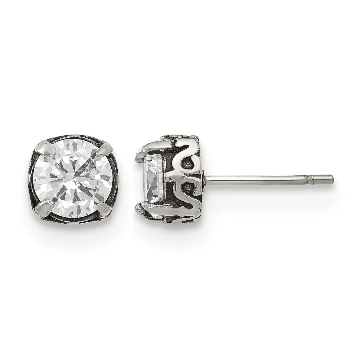 A pair of silver stud earrings with round clear cubic zirconia stones set in decorative square settings, shown from front and back views.
