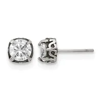 A pair of silver stud earrings with round clear cubic zirconia stones set in decorative square settings, shown from front and back views.