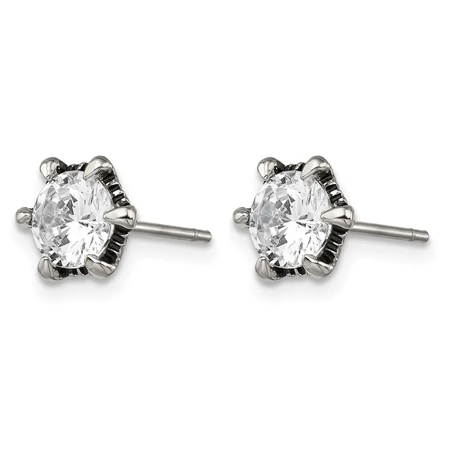 A pair of round diamond stud earrings in white metal with prong settings, displayed against a white background.