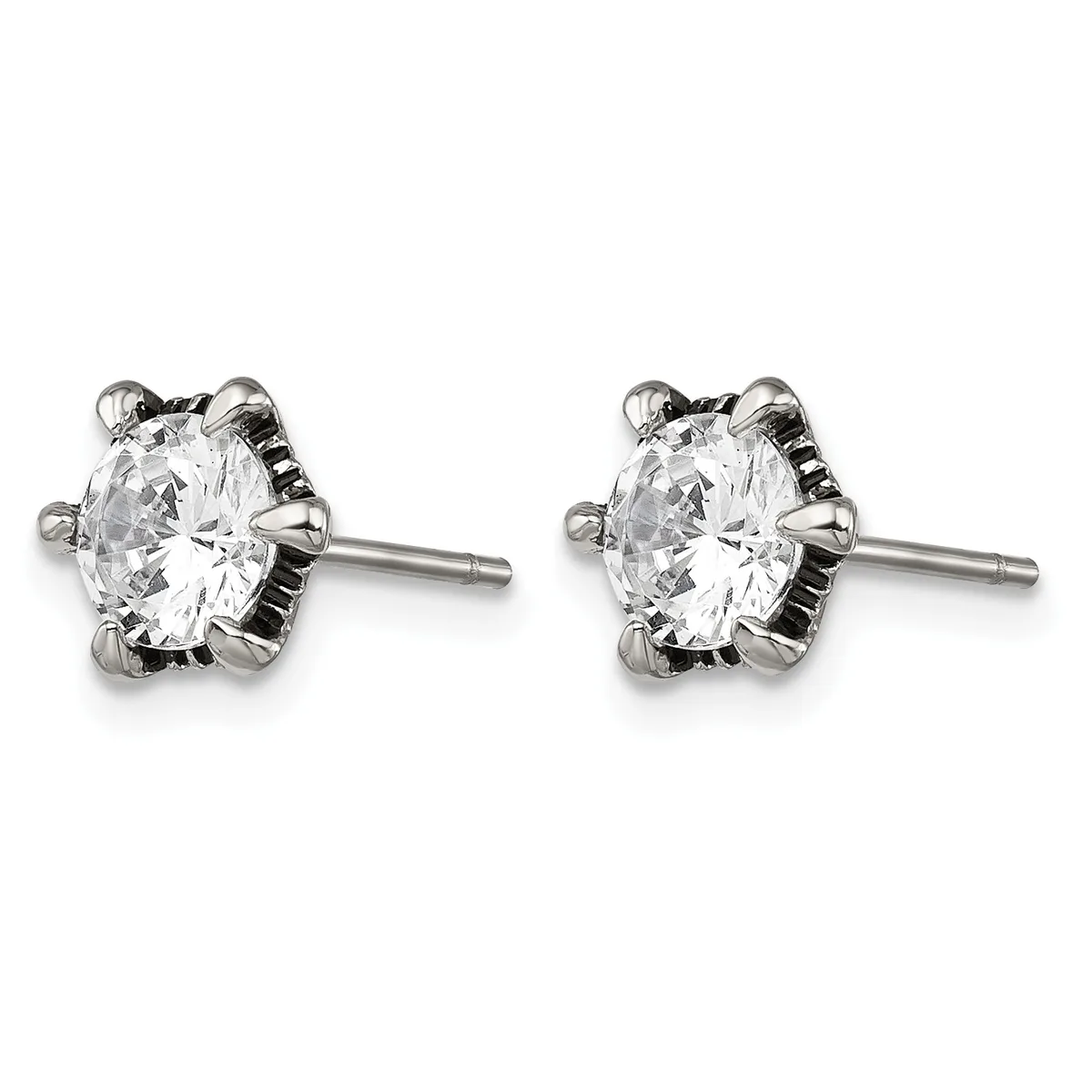 A pair of round diamond stud earrings in white metal with prong settings, displayed against a white background.