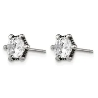 A pair of round diamond stud earrings in white metal with prong settings, displayed against a white background.