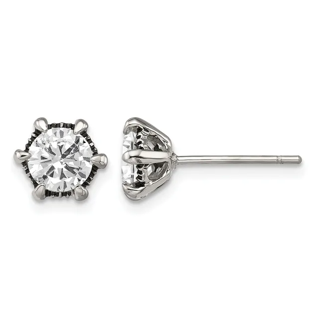 Pair of round diamond stud earrings with six-prong settings in white metal, shown from front and side views.