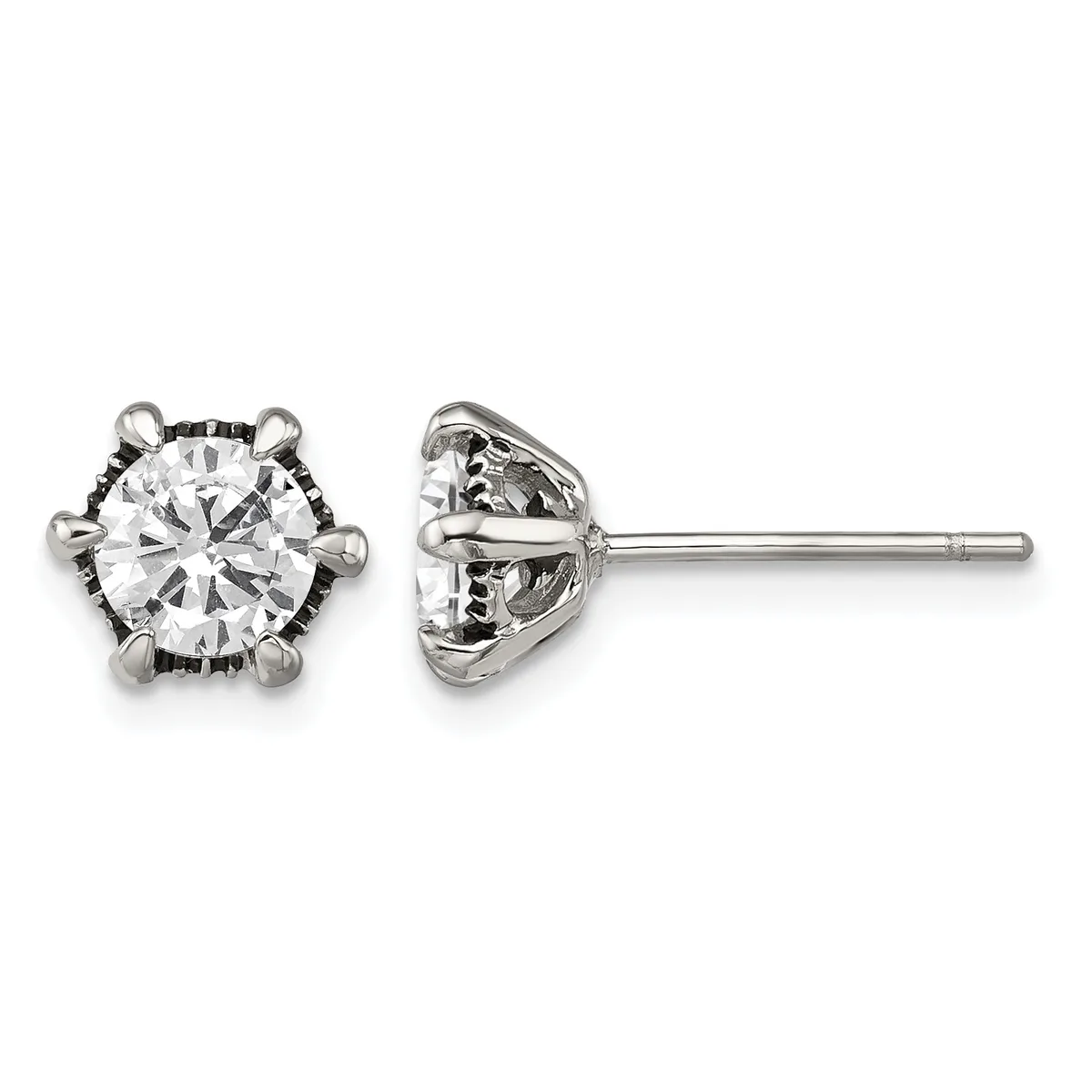 Pair of round diamond stud earrings with six-prong settings in white metal, shown from front and side views.