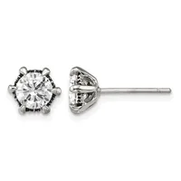 Pair of round diamond stud earrings with six-prong settings in white metal, shown from front and side views.