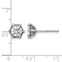 A pair of silver stud earrings with round clear gemstones set in ornate prong settings, shown front and back view with a measurement scale.