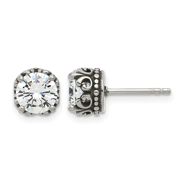 Pair of silver stud earrings with large round clear cubic zirconia stones in ornate filigree settings, shown from front and back views.