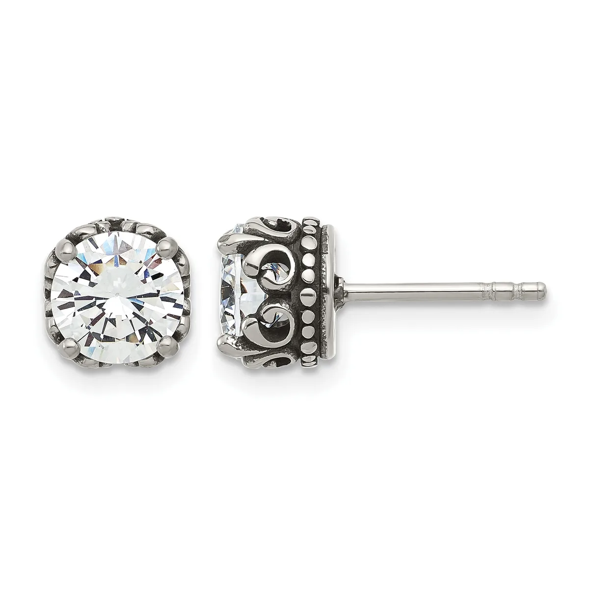 Pair of silver stud earrings with large round clear cubic zirconia stones in ornate filigree settings, shown from front and back views.