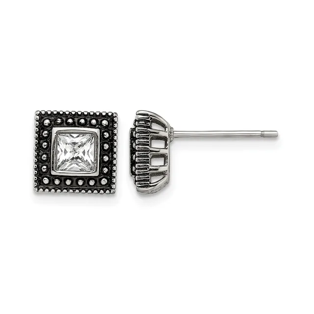 Pair of square stud earrings with princess-cut clear stones in decorative beaded settings, shown front and back view on posts.