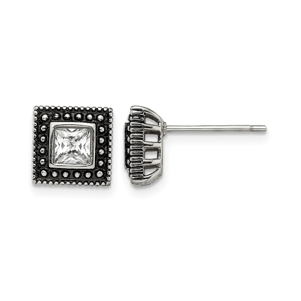 Pair of square stud earrings with princess-cut clear stones in decorative beaded settings, shown front and back view on posts.