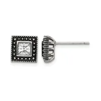 Pair of square stud earrings with princess-cut clear stones in decorative beaded settings, shown front and back view on posts.