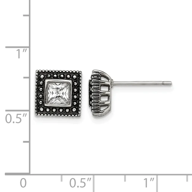 Square stud earrings with bezel-set clear gemstones surrounded by decorative beaded borders, shown against a measurement scale.