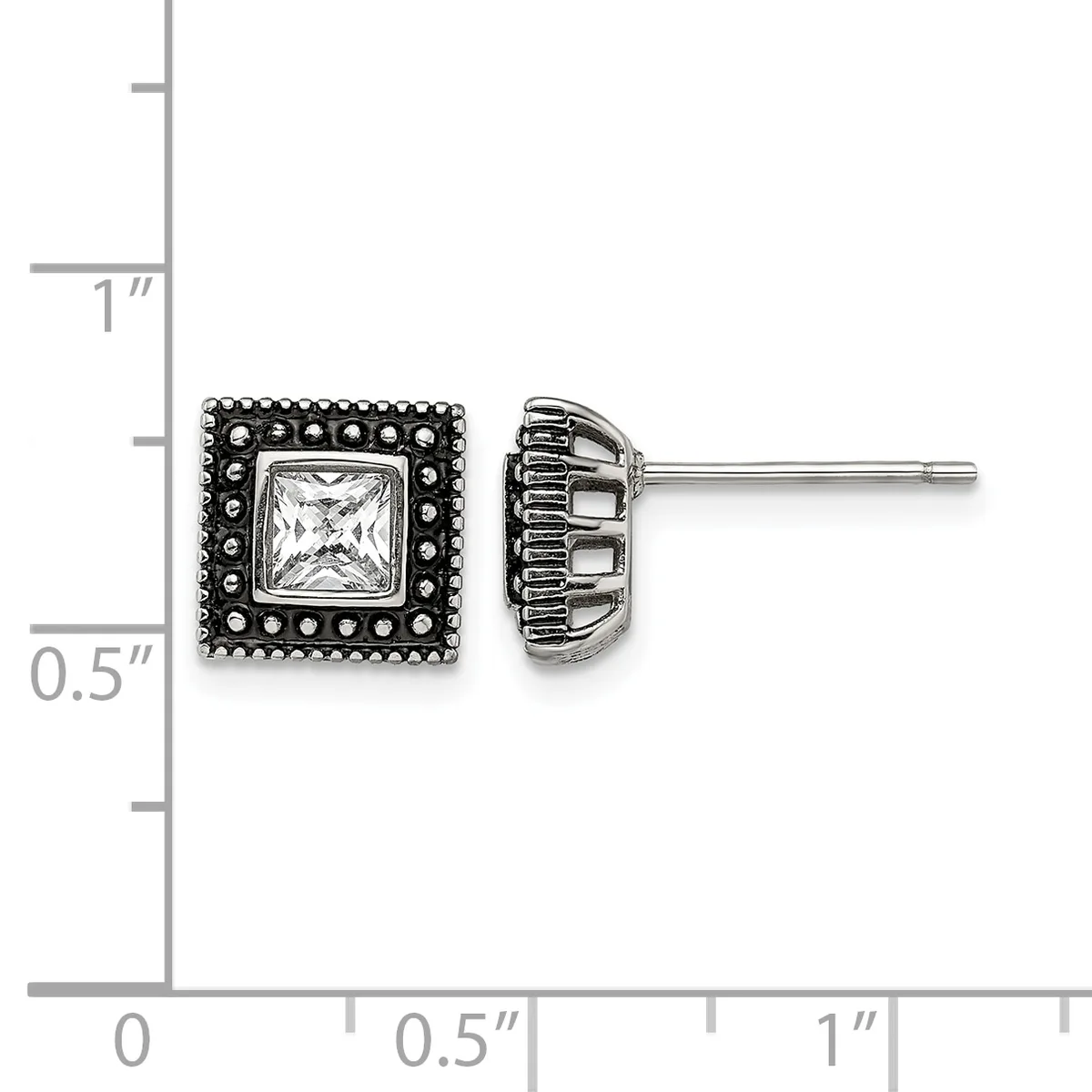 Square stud earrings with bezel-set clear gemstones surrounded by decorative beaded borders, shown against a measurement scale.