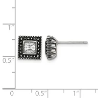 Square stud earrings with bezel-set clear gemstones surrounded by decorative beaded borders, shown against a measurement scale.