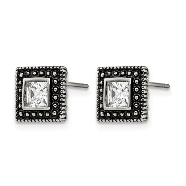 Pair of square stud earrings with princess-cut cubic zirconia centers surrounded by decorative beaded borders in oxidized silver, shown from the front.