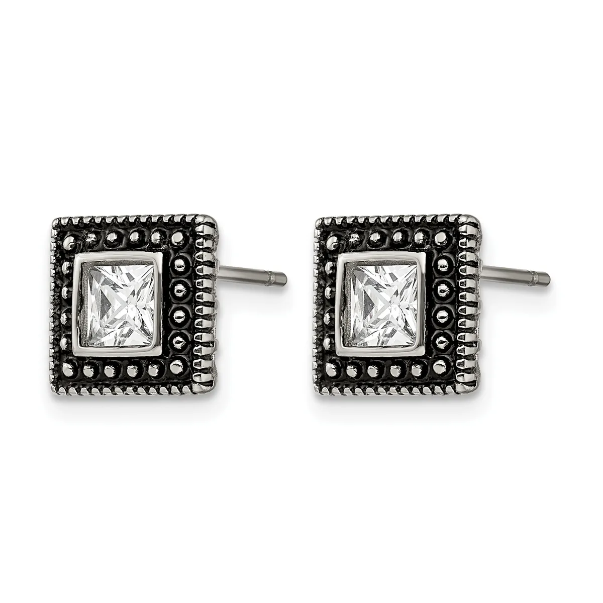 Pair of square stud earrings with princess-cut cubic zirconia centers surrounded by decorative beaded borders in oxidized silver, shown from the front.