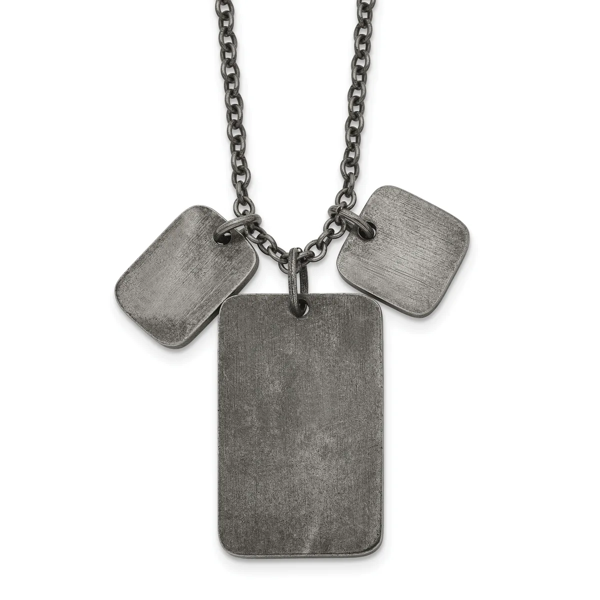 A silver-toned chain necklace with three rectangular dog tags hanging from it, two smaller tags flanking a larger central tag with a brushed metallic finish.