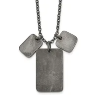 A silver-toned chain necklace with three rectangular dog tags hanging from it, two smaller tags flanking a larger central tag with a brushed metallic finish.