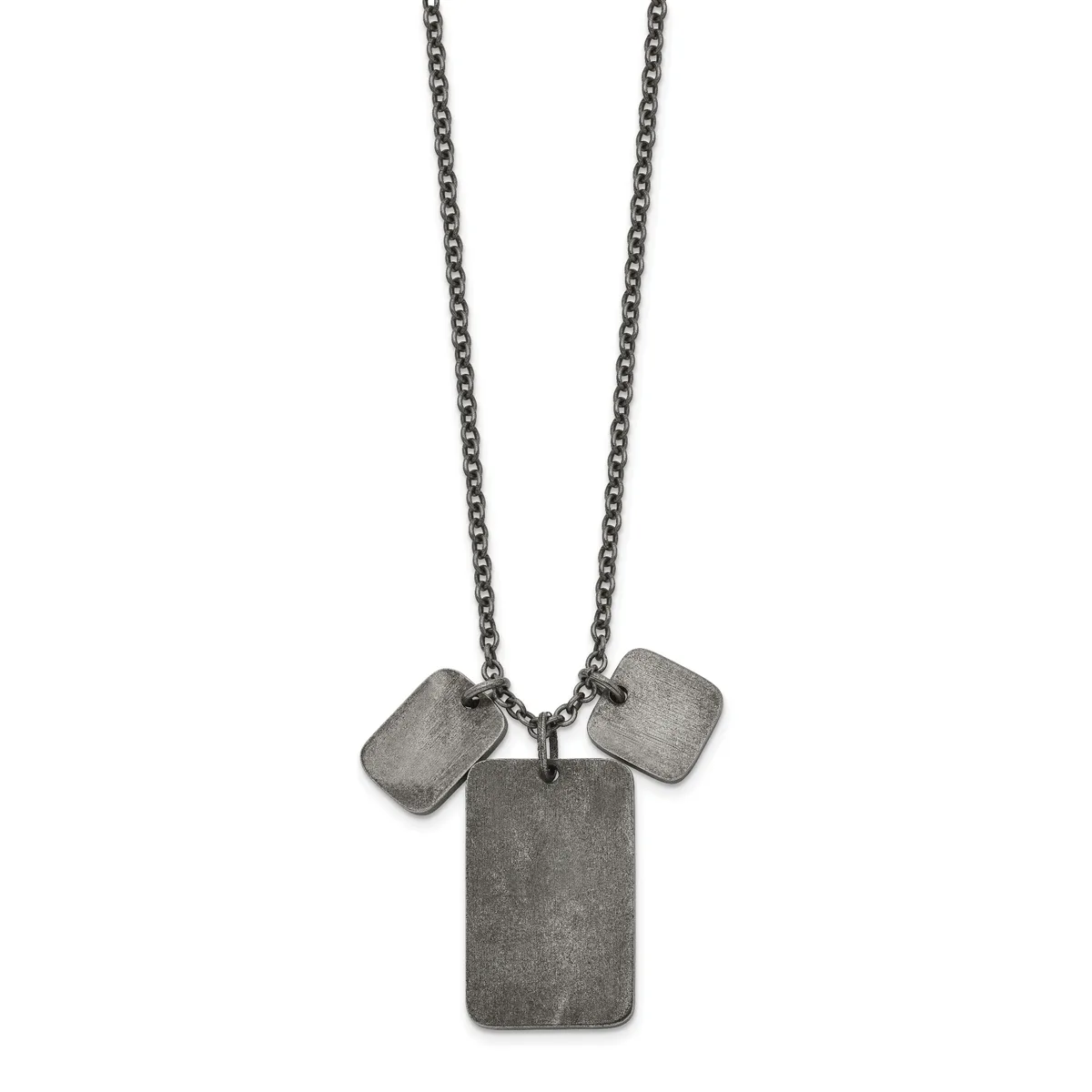 Stainless steel necklace with a cable chain holding three rectangular pendants in a brushed silver finish.