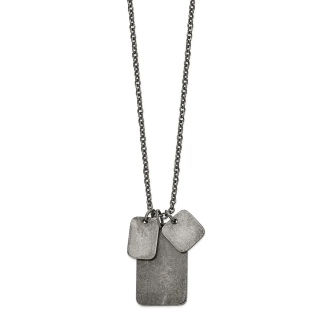 Silver-toned metal necklace with chain and three rectangular pendant charms of varying sizes hanging together.