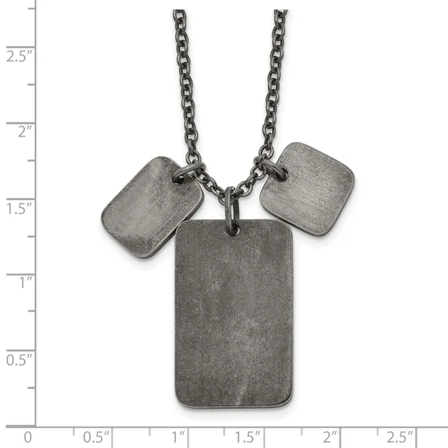Stainless steel necklace with a chain and three rectangular pendants hanging from it, displayed against a ruler showing measurements up to 2.5 inches.