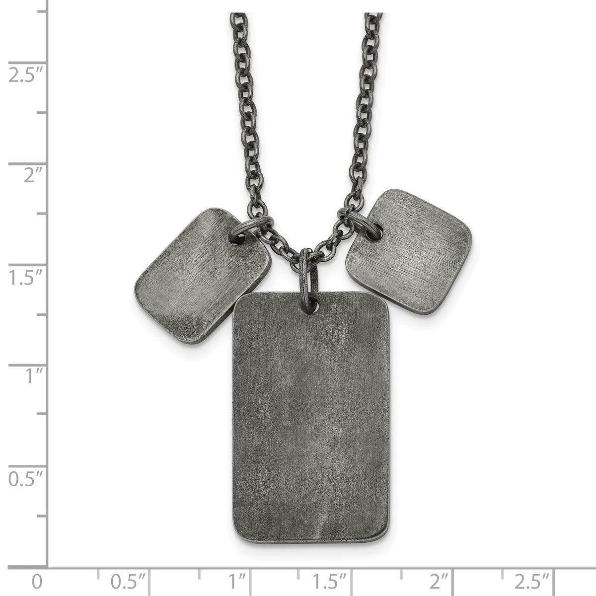 Stainless steel necklace with a chain and three rectangular pendants hanging from it, displayed against a ruler showing measurements up to 2.5 inches.