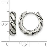 Pair of silver-toned hoop earrings with twisted diagonal stripe pattern, shown next to a ruler indicating approximately 0.5 inch diameter.