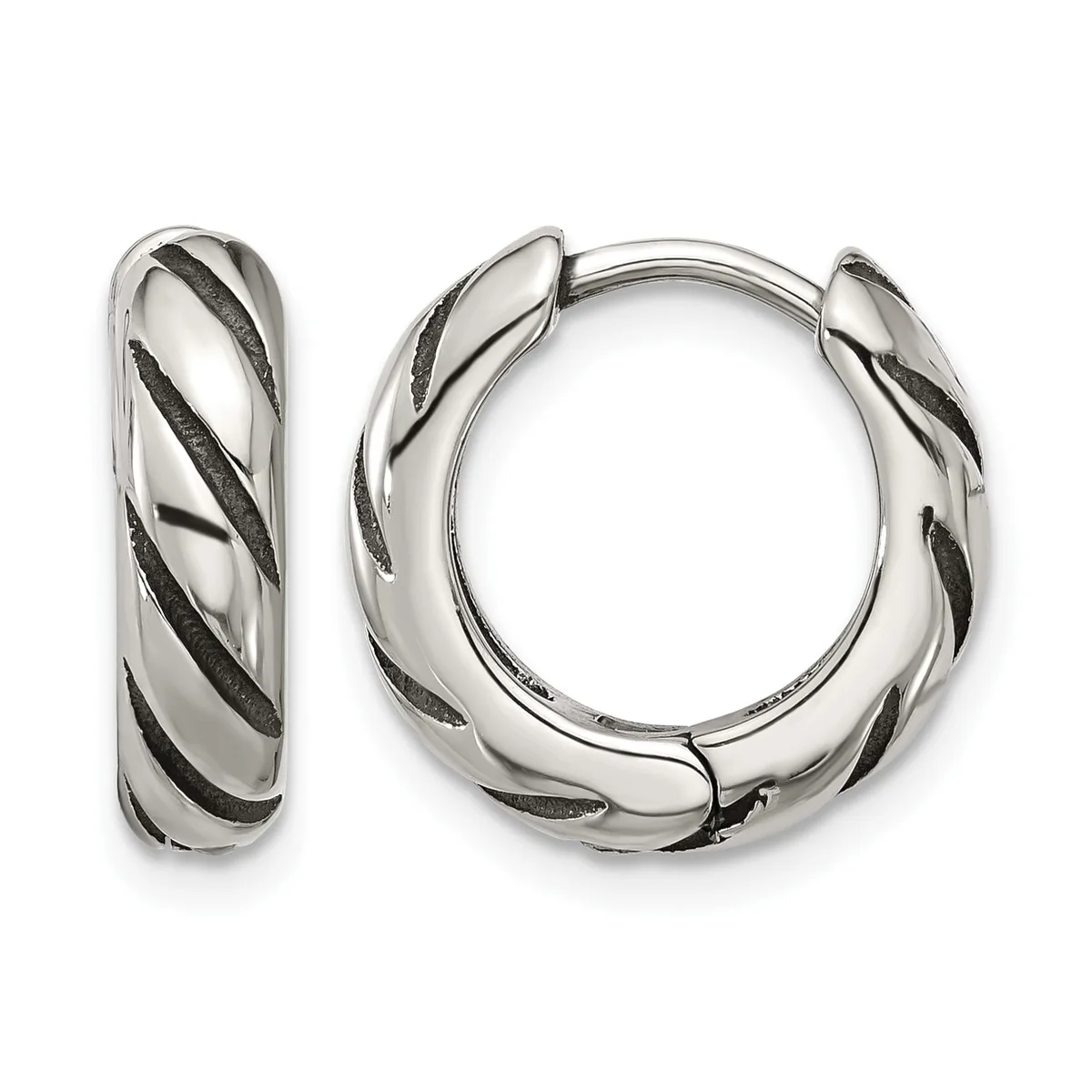 Pair of silver huggie hoop earrings with diagonal black enamel stripes, shown from front and side angles.