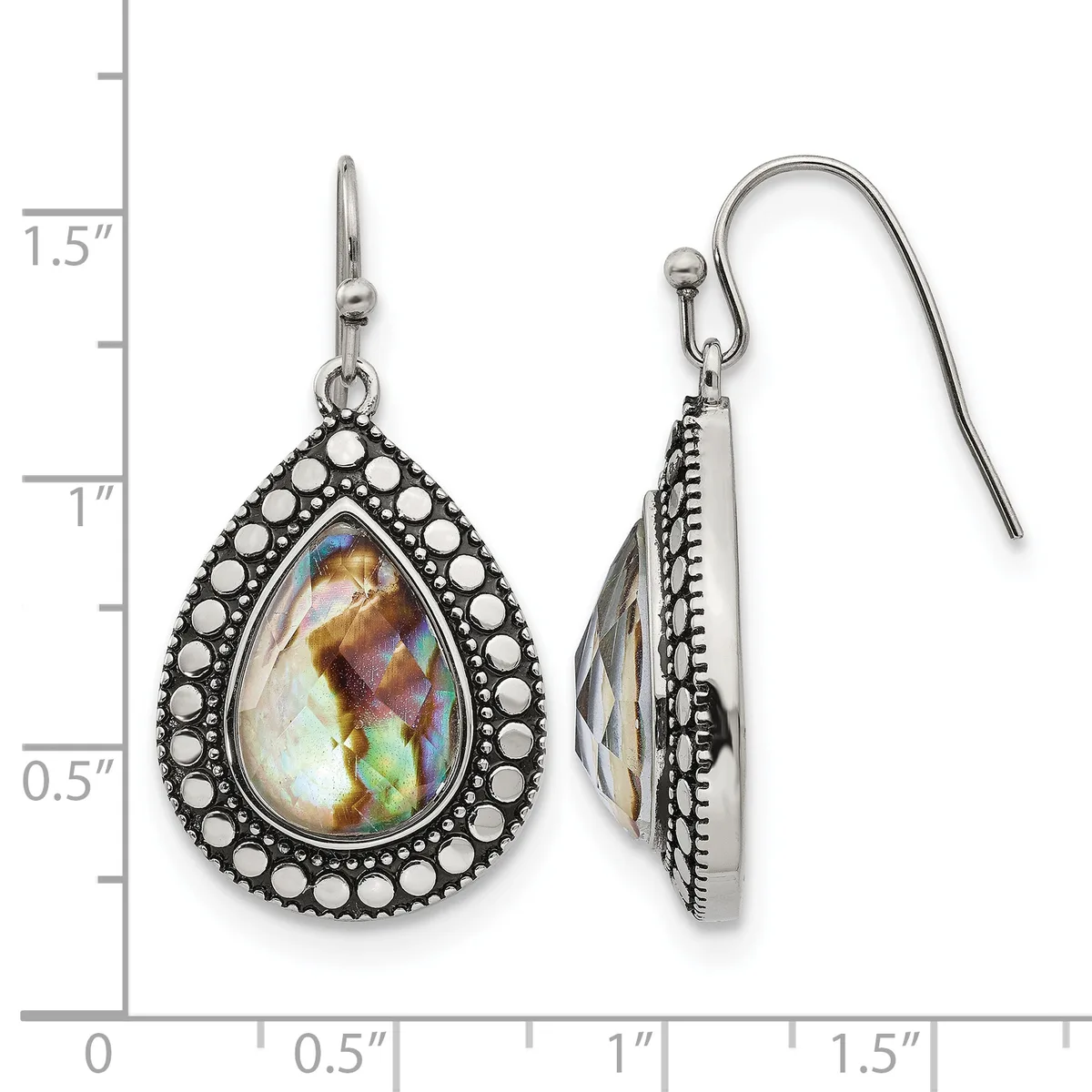 A pair of teardrop-shaped dangle earrings with iridescent abalone centers surrounded by small pearl-like beads in an ornate silver-tone setting, shown front and side view with a ruler indicating approximately 1.5 inches in length.