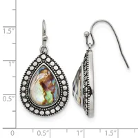 A pair of teardrop-shaped dangle earrings with iridescent abalone centers surrounded by small pearl-like beads in an ornate silver-tone setting, shown front and side view with a ruler indicating approximately 1.5 inches in length.