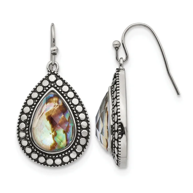 Pair of silver teardrop earrings with iridescent abalone shell centers surrounded by small pearl-like beads in ornate settings, shown from front and back views.