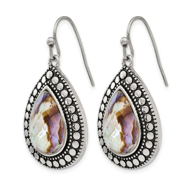 Pair of teardrop-shaped earrings with iridescent faceted stones set in ornate silver-tone metal with beaded detailing, suspended from silver-tone ear wires.
