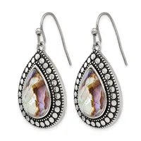 Pair of teardrop-shaped earrings with iridescent faceted stones set in ornate silver-tone metal with beaded detailing, suspended from silver-tone ear wires.