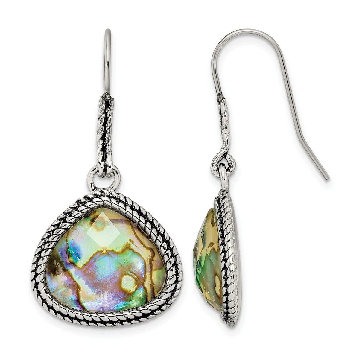 Pair of silver teardrop earrings with twisted rope bezels holding iridescent abalone shell stones, shown from front and side views.