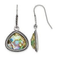Pair of silver teardrop earrings with twisted rope bezels holding iridescent abalone shell stones, shown from front and side views.