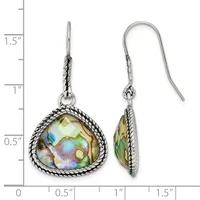A pair of silver teardrop earrings with twisted rope borders featuring iridescent abalone shell stones, shown with a measurement scale indicating approximately 1.5 inches in length.