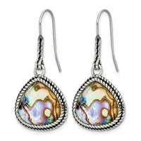 Pair of teardrop-shaped earrings with iridescent abalone shell cabochons set in ornate silver frames with rope-textured borders and wire hooks.