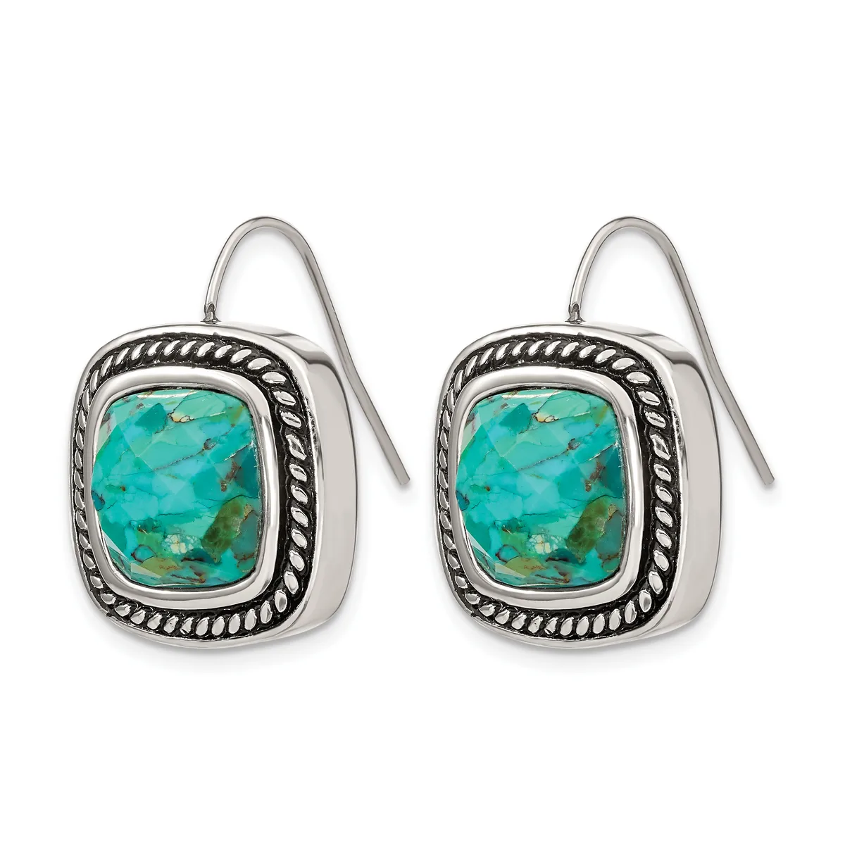 A pair of square silver earrings with twisted rope borders and turquoise stone centers, shown hanging from wires against a white background.