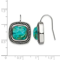 Silver drop earrings with twisted rope borders around cushion-cut turquoise stones, shown front and side view with measurement scale.