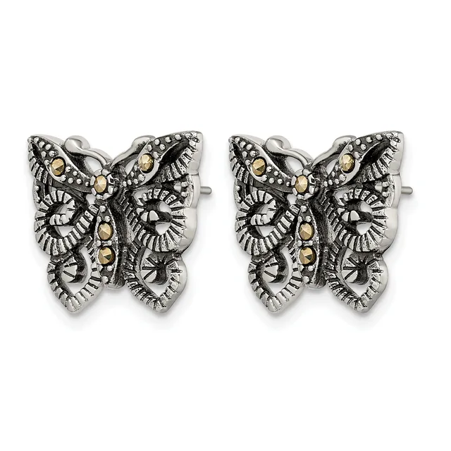 A pair of ornate butterfly stud earrings with detailed scrollwork patterns in silver-tone metal accented with gold-tone gemstones or beads throughout the wings and body.