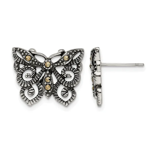 Ornate silver butterfly stud earrings with marcasite stones and golden citrine gemstones, shown from front and side views.