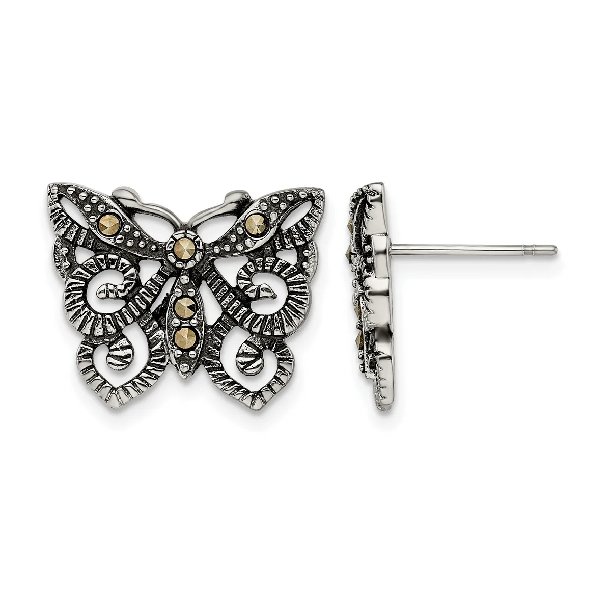 Ornate silver butterfly stud earrings with marcasite stones and golden citrine gemstones, shown from front and side views.