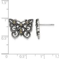 Ornate butterfly stud earrings with marcasite and golden stone accents shown from front and side view against a measurement scale.