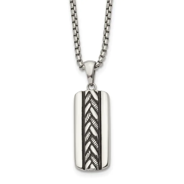 Stainless steel rectangular pendant necklace with polished edges and a textured braided pattern down the center, suspended from a box chain.