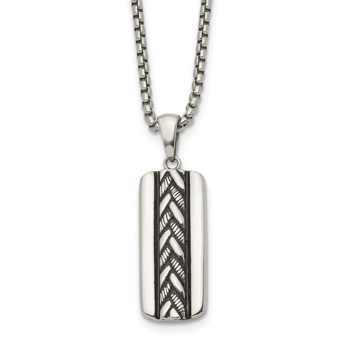 Stainless steel rectangular pendant necklace with polished edges and a textured braided pattern down the center, suspended from a box chain.