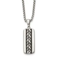 Stainless steel rectangular pendant necklace with polished edges and a textured braided pattern down the center, suspended from a box chain.