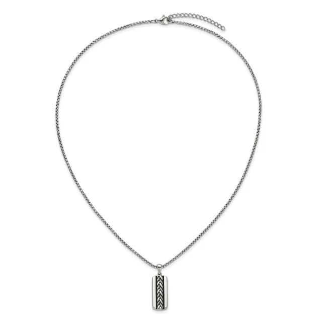 Silver-toned chain necklace with an adjustable length and a rectangular pendant featuring a geometric chevron pattern hanging from the center.