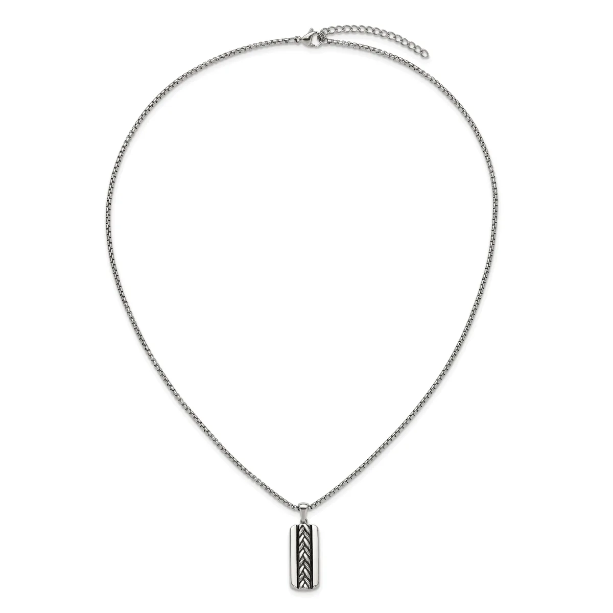 Silver-toned chain necklace with an adjustable length and a rectangular pendant featuring a geometric chevron pattern hanging from the center.