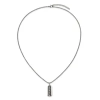 Silver-toned chain necklace with an adjustable length and a rectangular pendant featuring a geometric chevron pattern hanging from the center.