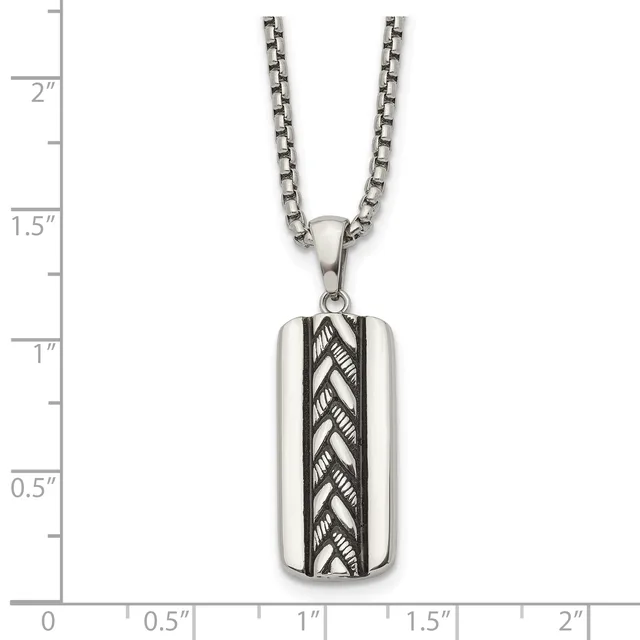 Silver-toned rectangular pendant with black striped chevron pattern down the center, hanging from a box chain necklace, shown against a ruler measuring approximately 1 inch in length.